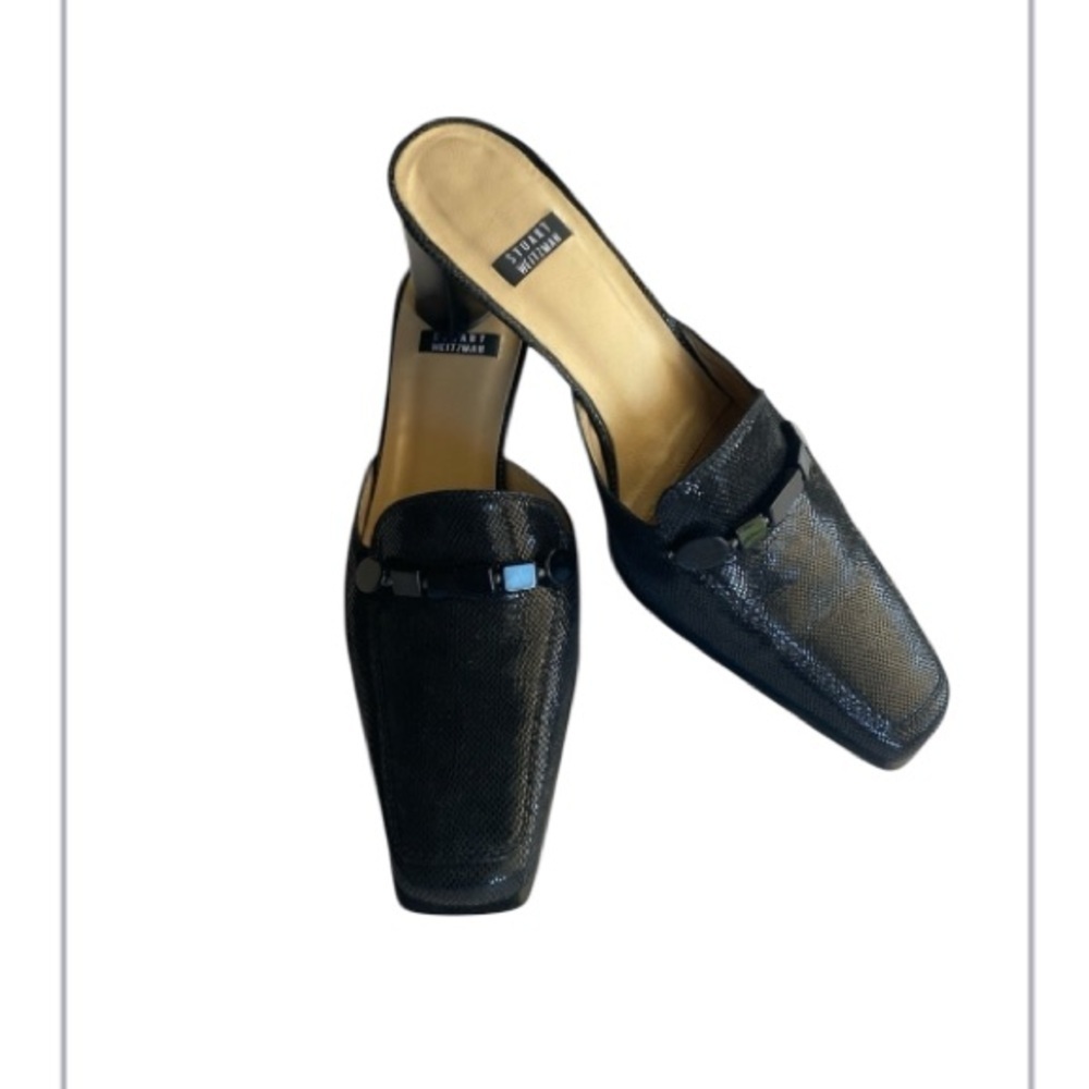 Stuart Weitzman Black Square Toe Mules Heels Shoes Size 6